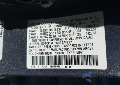 2015 Honda Cr-V Lx from USA, damaged, VIN 2HKRM4H30FH700498